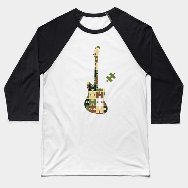 Camouflage Puzzle Offset Style Electric Guitar Silhouette Baseball T-Shirt by nightsworthy